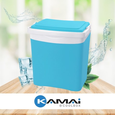 Lodówka turystyczna 25L KAMAI TROPIC na wkłady mrożące, turkusowa z białą rączką Lodówka turystyczna 25L KAMAI TROPIC na wkłady mrożące, turkusowa z białą rączką